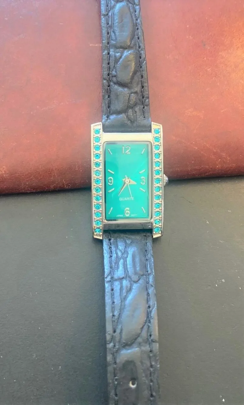 Women's 20mm Silver tone Watch, Green Face and Crystal  Accents, Leather Band